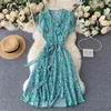 Neploe Französisch Stil Druck Kleid Sommer V-ausschnitt Rüschen Ligatur Schlank Wasit Temperament Frauen Einteilige Art Kleider 82060 210423