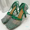 Scarpe eleganti Taglia 35-42 Décolleté a rete da donna verde cristallo Runway Punta quadrata Caviglia Sandali con strass con tacco alto e tacco alto