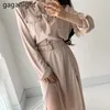 Elegant Women Cargo Maxi Dress Sexy High Split Long Sleeve Solid Dresses Female Chic Korean Belt Vestidos Drop 210601