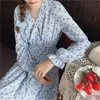 Imprimé taille élastique col en V mi-longueur robe trapèze automne vintage pétale manches longues femmes robes jupe florale femme 10862 210508