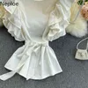 NAPOE Bayan Bluz Kore Yaz Moda O Boyun Beyaz Bluzlar Yüksek Sokak Ruffles Kolsuz Dantel-up İnce Bel Şifon Tops 210422
