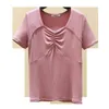 Sweet Folds Tshirt Bawełna Z Krótkim Rękawem Kobiety T Shirt Summer Korean Tees V-Neck T-shirt Koszulki Casual Koszulki Topy 9181 50 210417
