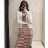 Pink Chic Button Jacquard Knitted Dress Women Spring Plaid Thin Strap Backless Woman Elegant Holiday Beach es 210430