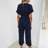 Women Jumpsuits Rompers Summer Casual Print V-neck Pocket Overalls Jumpsuit Short Sleeve Wide Leg Loose Jumpsuit 210419