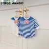 Lente baby meisje bodysuit cartoon boog gestreepte jumpsuit geboren schattige stijl kinderkleding E20 210610