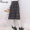 Japanischer Stil Kawaii Hohe Taille Faltenrock Frauen Winter Wolle Midi Plaid Weibliche Harajuku Grüne Schule Lange 210421