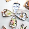 Ceramic Leaf Shape Appetizer Plates With Bamboo Tray Set of 4 Blue & White Japanese Seasoning Bowls Snacks Nuts Serving Platter Sushi Dishes