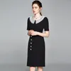 Elegancka Koronkowa Patchwork Peter Pan Collar Czarny Ołówek Kobiety Lato Biuro Krótki Rękaw Petel Przycisk Deco Pakiet Dresy Hip Dress 210416