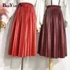 PU Leather Skirt High Waist Midi Pleated Vintage Fashion Solid Color Korean Streetwear Skirts Womens OL Casual Faldas 210506
