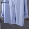 Yitimuceng Blue Blouses Plus Storlekskläder för kvinnor Oversize Office Lady Cotton Korean Fashion Button Up Shirt Långärmad 210601