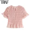 TRAF Women Sweet Fashion Ruffed Pleated Cropped Blouses Vintage O Neck Short Sleeve Female Shirts Chic Tops 210415