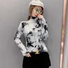Весна модный Blusas Mujer Turtleneck Teas Tear Team Print Днищая рубашка комфорт и тонкий с длинным рукавом хлопчатобумажная блузка 210527
