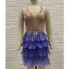 Sommer Hohe Qualität Lila Mini Pailletten Feder V-ausschnitt Mode Enges Kleid Nachtclub Party 210527