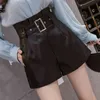 Seoulish Autumn Winter Black PU Faux Leather Women's Sashes High Waist Wide Leg Shorts Elegant Female Trousers