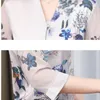 Koreanische Seidenbluse Frauen Blumenhemden Frau V-Ausschnitt Top Plus Size Elegantes Satindruck-Chiffonhemd 210427