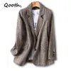 Qooth Blazer scozzese da donna Primavera Autunno All-Match Stile britannico Allentato Casual Giacca monopetto slim QT554 210518