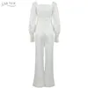 Winter Women White Long Sleeve Jumpsuits Sexy Lace Full Pants Buttons Club Celebrity Bodysuits 210423