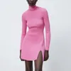 Frauen Frühling Stricken Solide Mini Kleid Langarm Halb offener Kragen Split Gabel Weibliche Elastizität Elegante Kleider Vestidos 210513