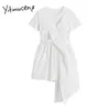 Yitimuceng Unregelmäßige Gefälschte 2 Stück Kleider Frauen Sommer Rüschen Hohe Taille Oansatz Weiß Schwarz Koreanische Mode Sommerkleid 210601