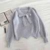 Women Sweet Bow Sweater Autumn Winter Korean Irregular Hem Fluffy Mohair Pullover Sweaters Ladies Crop Tops 210602