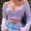 Kvinnor T-shirt Gentle Purple V-Neck Top Fall Kläder Bandage Wrap Slim Toppar High Street Striked Off-the-Shoulder 210522