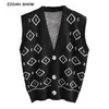 Jesień V Neck Jacquard Klatki dziewiarskie Kamizelki Retro Sznurek Bez Rękawów Sweter Buttons Vintage Kobiety Scarigan Luźne Casual Knitwear 210429