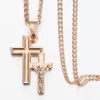 Pendentif Colliers 585 Or Rose Croix Crucifix Cristal Clair pour Hommes Femmes Prière Jésus Collier Chaîne 50 cm Bijoux De Mode