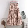 Vintage Plus Size Dames Bloemen Corduroy Maxi Plooited Rok Elastische Hoge Taille Winter Lange Rokken Koreaanse Vrouw Een lijn Faldas 210421