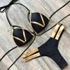 Sexy Goud Glanzende Vrouwen Halter Bikini Set Solid Swimsuit Zomer Strand Badmode Gewatteerde Bandeau Biquini 210621