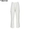Moda Solta Jeans Casual Trabalho Calças Mulheres Hip Hop Mulher Calças de Algodão Grande Roupas de Bolso / Preto / Branco 210708