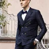 (Blazer + Yelek) Erkekler Yıl Hediyeleri Için Düğün Takım Elbise Kış Derin Mavi Ekose Kruvaze Sahne Giysileri Erkekler Örgün Erkek Takım Elbise 211120