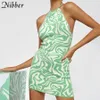 Nibber Y2K Lato Mini Dress Slim Fit Bez Rękawów Szyi Halter Z Ripple Drukuj Dla Kobiet Holiday Party Night Clubwear 2021 Y0726