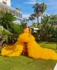 Yellow Strapless Evening Dress Tiered Ruffles High Low Sweep Train Formal Prom Gowns Elegant Ladies Vestido De Novia