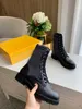 2022 Luxe Designer Woman Rockoko Zwart Lederen Biker Laarzen met Stretch Stof Dame Combat Enkellaars Platte schoenen maat US 4-11