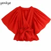 Mode zomer tops vrouwen v-hals batwing mouw rode top vrouwelijke elastische taille met riem kimono blouse blusas bbwm2545 210514