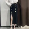 Fashion With Buttoned Front Slit Midi Pencil Skirt Women Vintage High Waist Back Zipper Female Skirts Mujer 210430