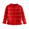 Primavera outono 3 4 6-12 anos Adolescente Presente de Natal Vermelho O-pescoço Ruffles Algodão Cardigan Cardigan Suéter para Crianças Baby Girls 210701