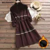 Mori Grube Grube Ciepłe Kobiety Vintage Sukienka Turn-Down Collar Plaid String Rejs Kobiet Vestidos Długi rękaw Elegancka tunika 210520