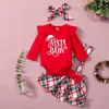 クリスマス子供女の子の服セットかわいい赤ちゃんの文字プリント長袖ロンパーチェック柄サスペンダースカートヘッドバンド3pcs /セット衣装