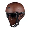 Retro PU Lederen Motorhelm Vintage Vrouwen Scooter Halve Helm Heren Elektrische Motorhelm Moto Casco met Goggles Q0630