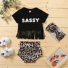 Set di abbigliamento per bambini T-shirt a maniche corte con lettera nappa Top + Pantaloncini leopardati con fasce per capelli 3 pezzi / set Abiti per neonati per bambini M3496