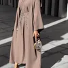 Ethnic Clothing Handcraft Beads 3 Piece Muslim Set Matching Outfit Crinkled Crepe Open Abaya Kimono Long Sleeve Dress Wrap Skirt D2851