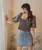 Vintage ruché Crop Blouse imprimé fleuri manches bouffantes haut dos nu col amovible col carré dames mode 210427