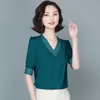 Office Lady Solid V-neck Blouse Women Summer Embroidery Short Sleeve Casual Silk Satin Shirts Plus Size Loose Tops Clothes 13460 210528