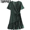 Femmes été Summer vert foncé Polka Dots mini robe rétro vintage volants enveloppements 210421