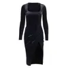 InsGoth Vintage Gothic High Slit Black Dress Women Elegant Velvet Long Sleeve Dresses Goth High Waist Ladies Evening Party Dress G1214