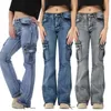 Kot Kadın Yüksek Bel Geniş Bacak Y2K Kargo Flare Vintage Rahat Çok Cep Yıkanmış Denim Çan Alt Pantolon Artı Boyutu 210708