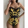 Lace Sexy Women Swimsuit Female Gold Print Thong Brazilian Push Up Swimwear Monokini Bathing Suit Beachwear 210712