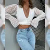 Ins Sommer Frauen Langarm V-Ausschnitt Mode Straße PO Sexy Backless Slim Lace T-Shirt Frau T-Shirts 210602