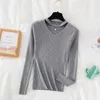 Croydier Jesień Zima Clothe Pearl Cut Out V Neck Swetry Knit Top Pullover Podstawowy Dorywczo Królewski Sweter z dzianiny 210922